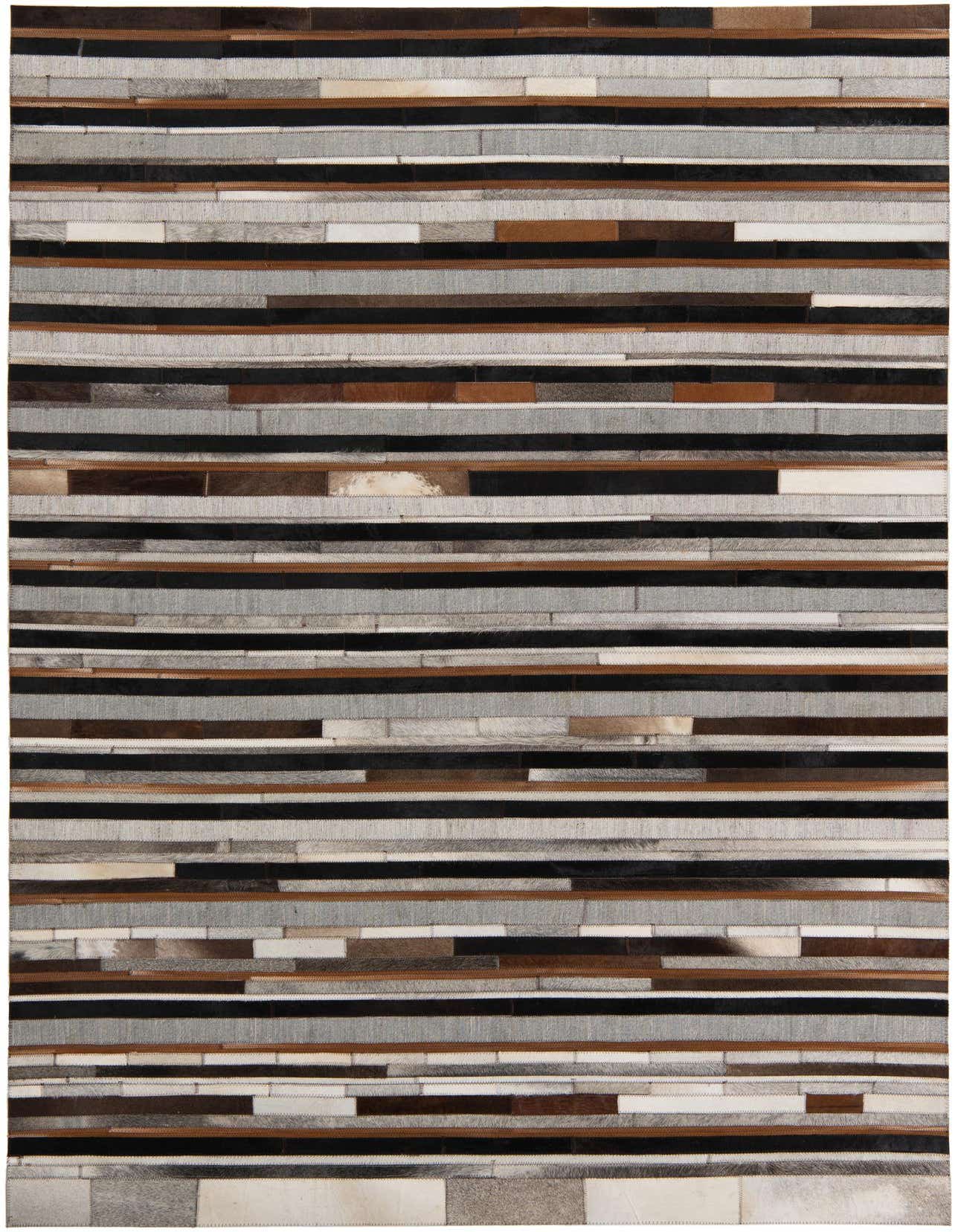 A 5x8 rectangular Cowhide Leather rug featuring horizontal stripes in various shades of brown, black, white, and gray.