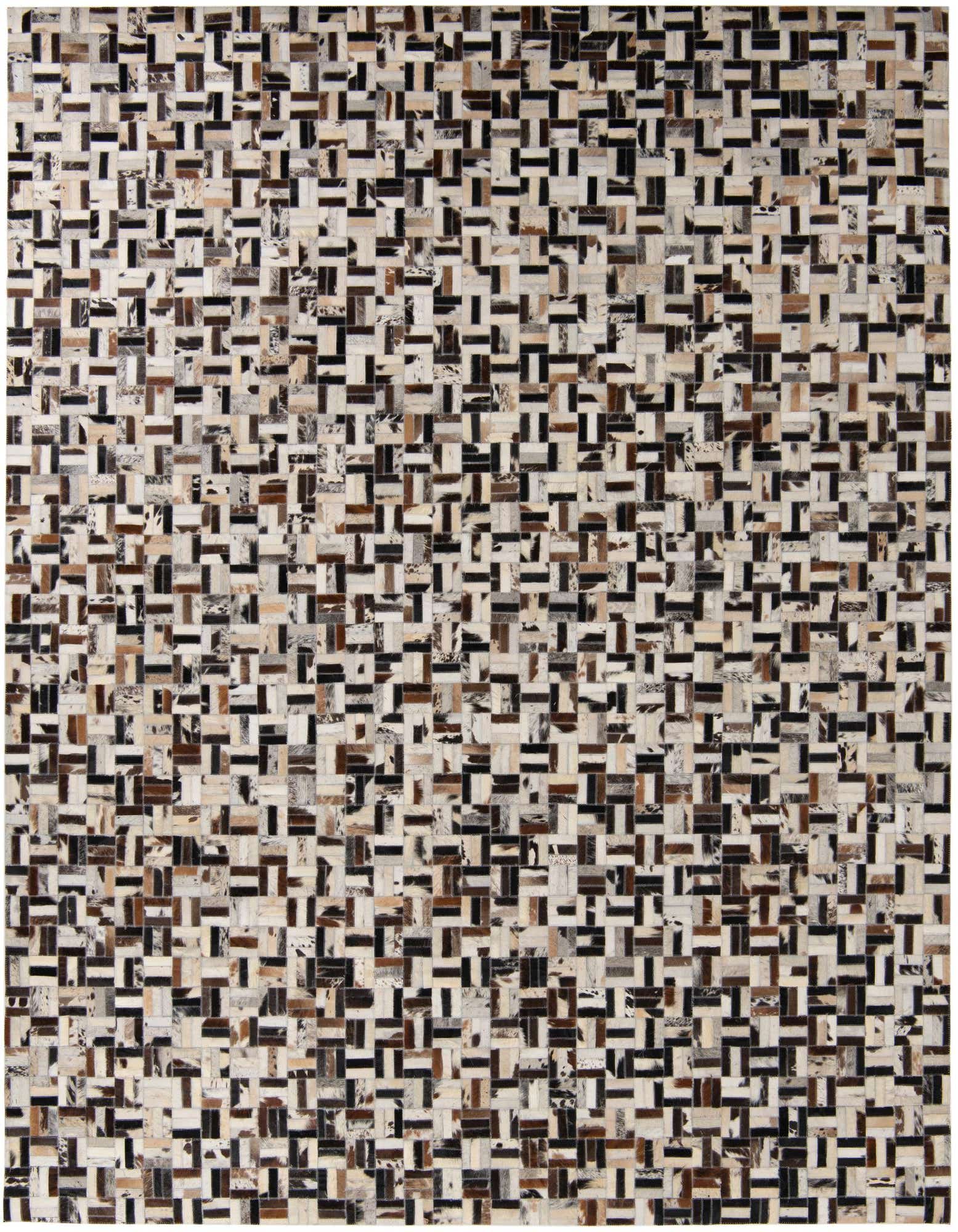 A rectangular 8x10 multi-colored modern cowhide and leather rug with a flat pile, featuring a mosaic of small rectangular patches in various shades of brown, black, and white.