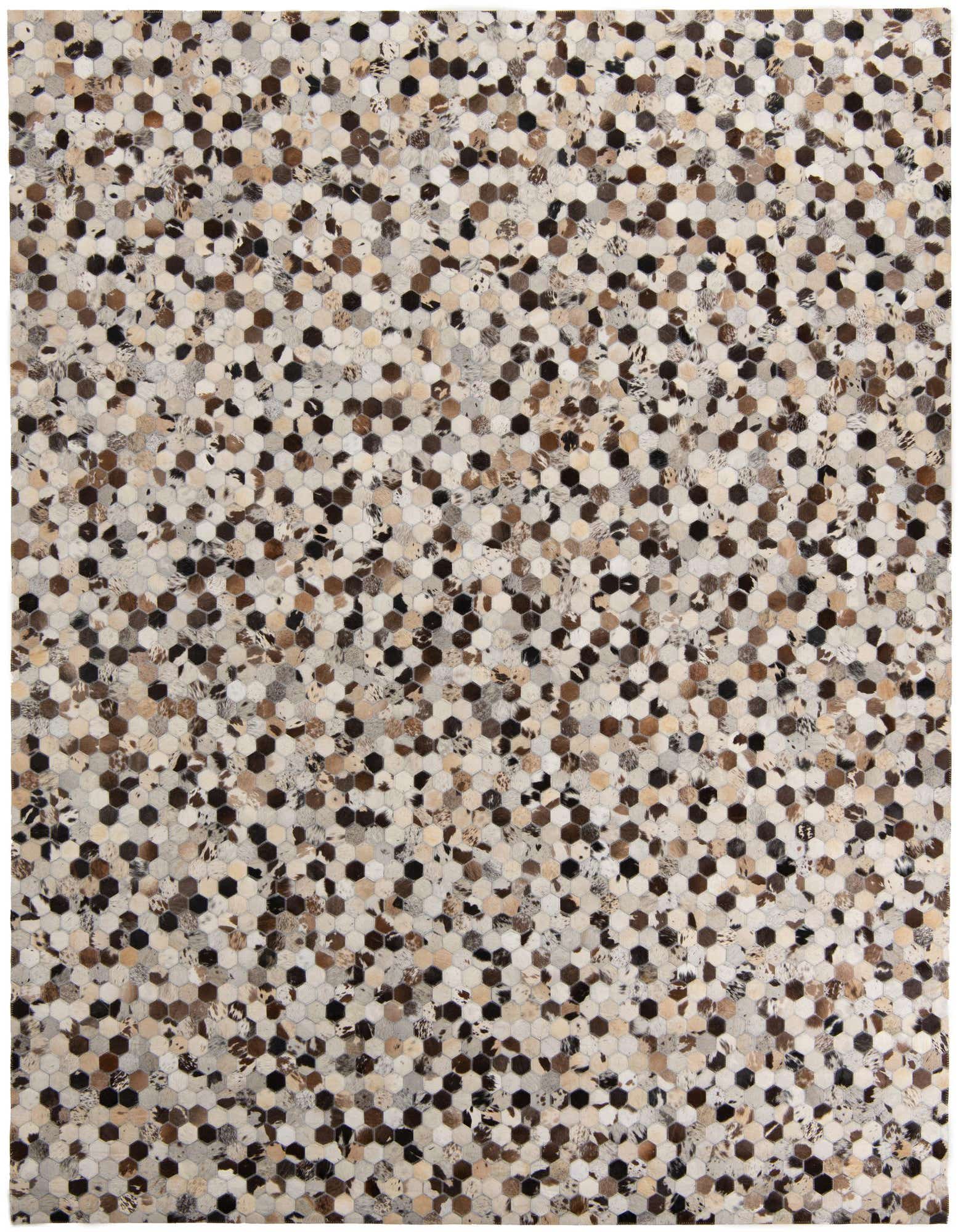 A rectangular 8x10 multi-colored cowhide and leather rug with a modern hexagonal mosaic pattern.