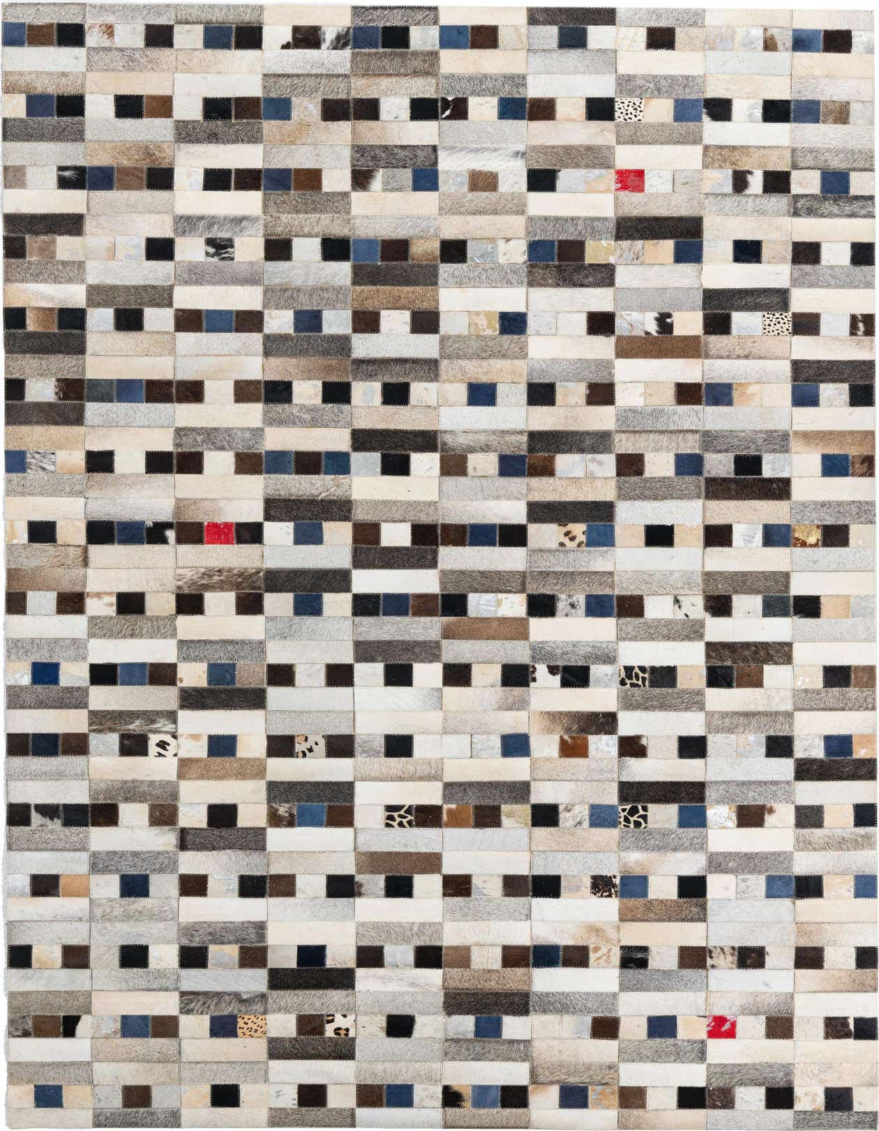 A rectangular 5x8 multi-colored cowhide and leather rug with a modern, abstract patchwork pattern, featuring various natural hide tones, blues, and blacks.