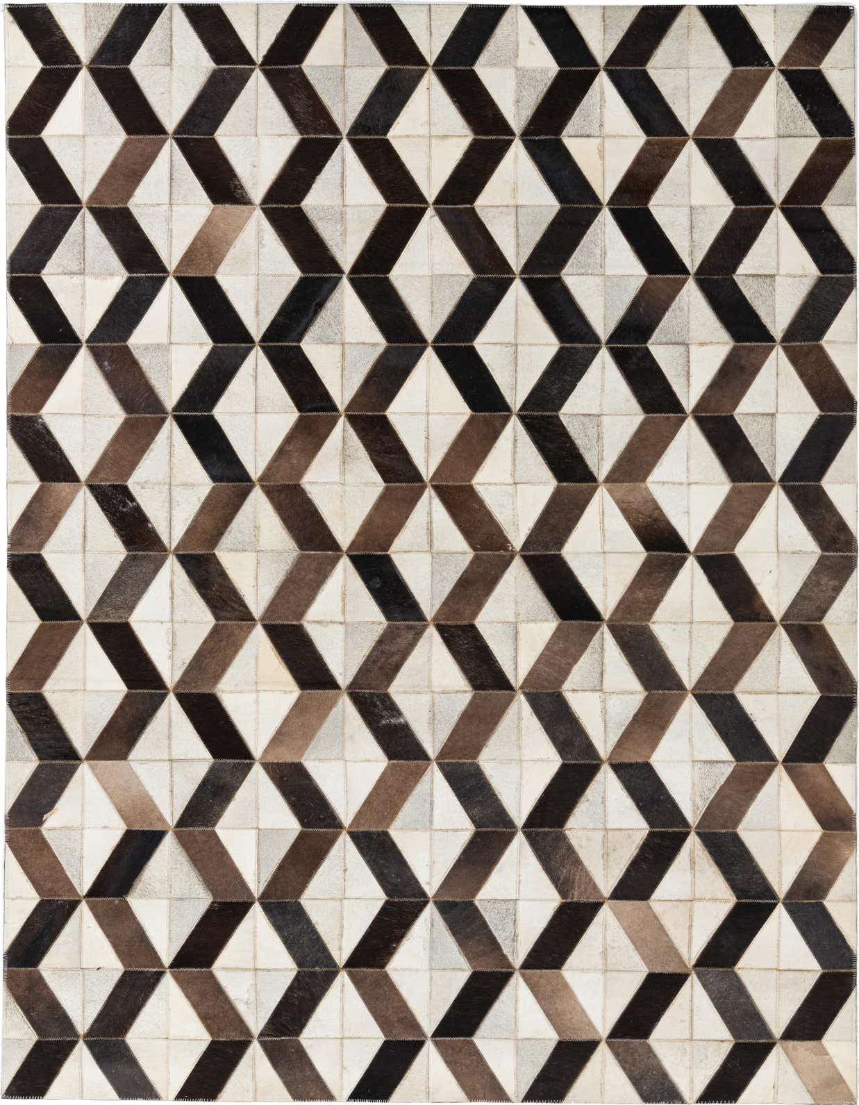 A 5x8 rectangular Cowhide Leather rug featuring a modern, abstract geometric pattern in multi-colored brown, black, and white tones.