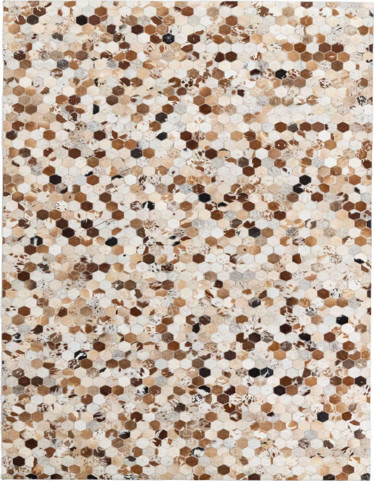 A 5x8 rectangular rug featuring a modern, abstract pattern of multi-colored cowhide and leather hexagons in various shades of brown, beige, and white.