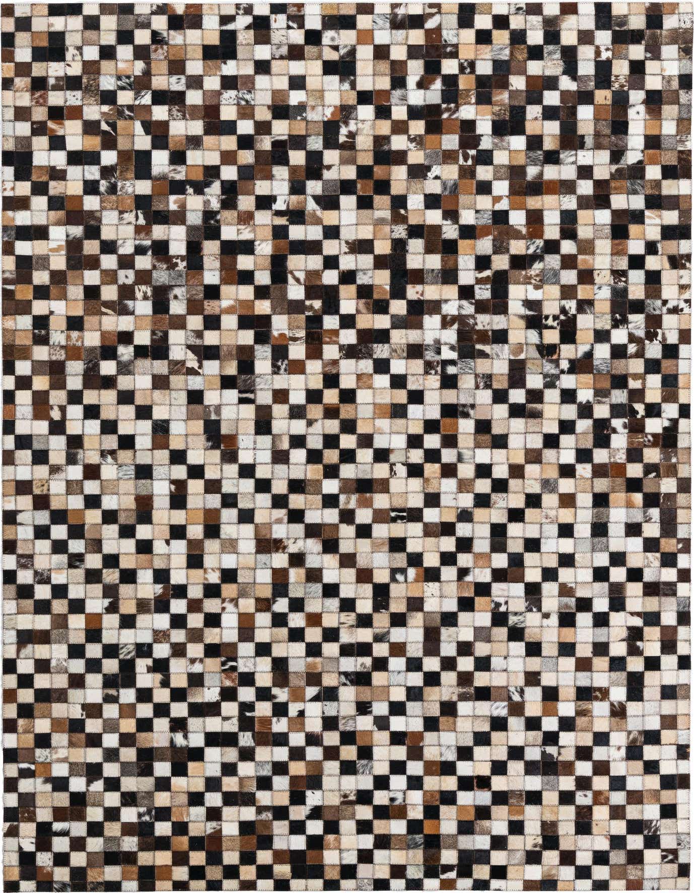 A 5x8 rectangular Cowhide Leather rug featuring an abstract checkerboard pattern in multi-colored natural cowhide patches.
