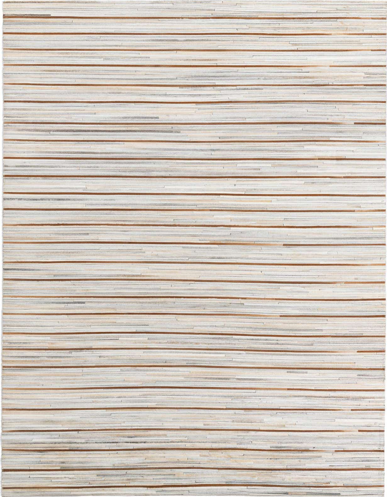 A 5x8 rectangular Cowhide Leather rug featuring horizontal stripes in varying shades of brown, white, and gray.