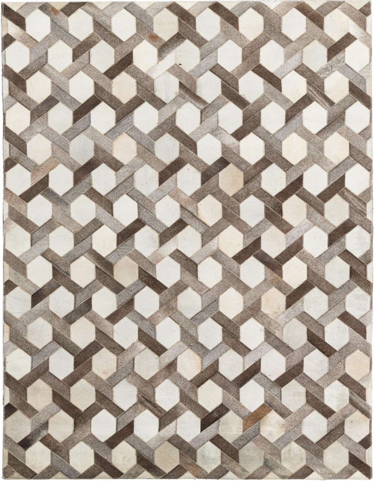 A 5x8 rectangular Cowhide & Leather rug with a modern, abstract geometric pattern in multi-colored shades of brown, grey, and white.