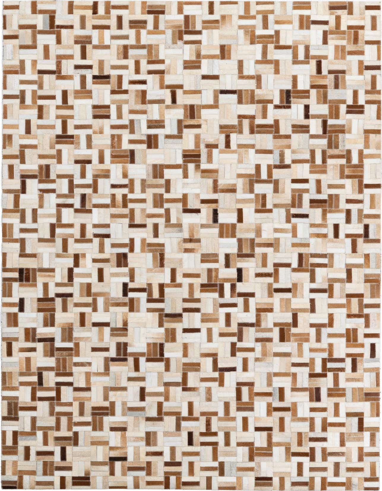 A 5x8 rectangular Cowhide Leather rug featuring a modern, abstract patchwork design in various shades of brown, tan, and cream.