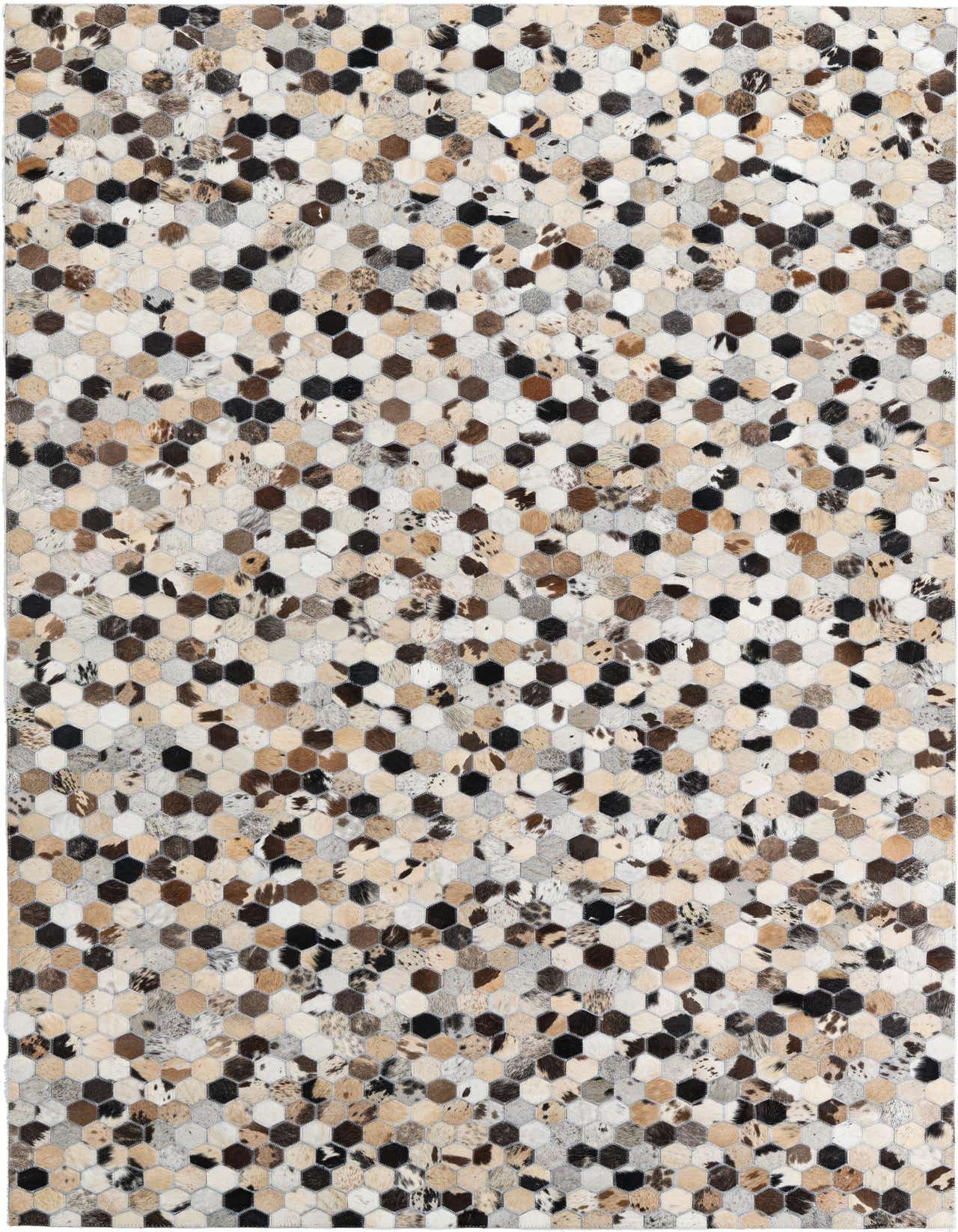 A 5x8 rectangular Cowhide Leather rug featuring a modern, abstract pattern of multi-colored hexagonal patches.