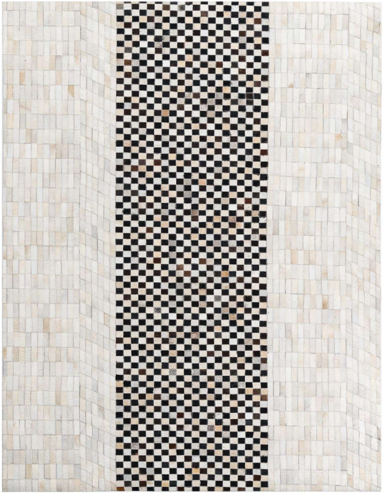 A 5x8 rectangular Cowhide Leather rug featuring a central black and white checkerboard stripe flanked by solid light-colored panels.