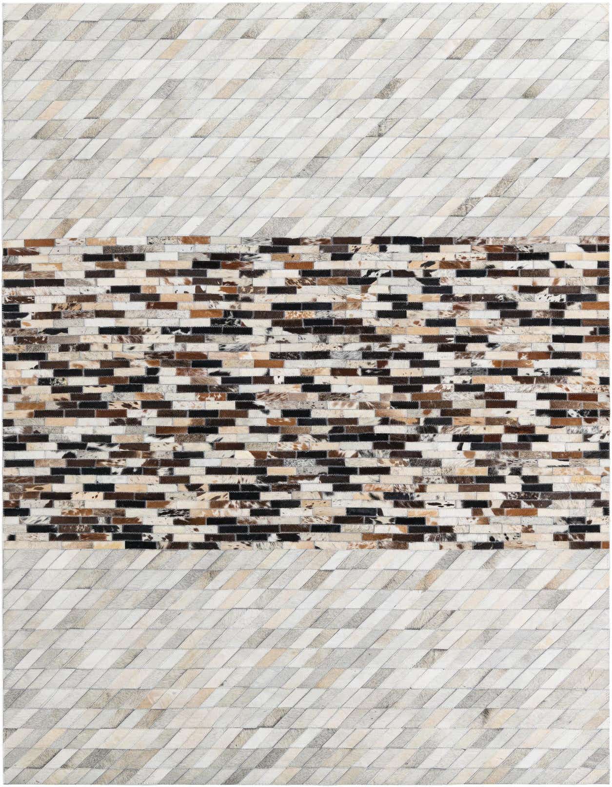 A 5x8 rectangular Cowhide Leather rug featuring a modern abstract pattern with multi-colored patches, ideal for a living room or entryway.