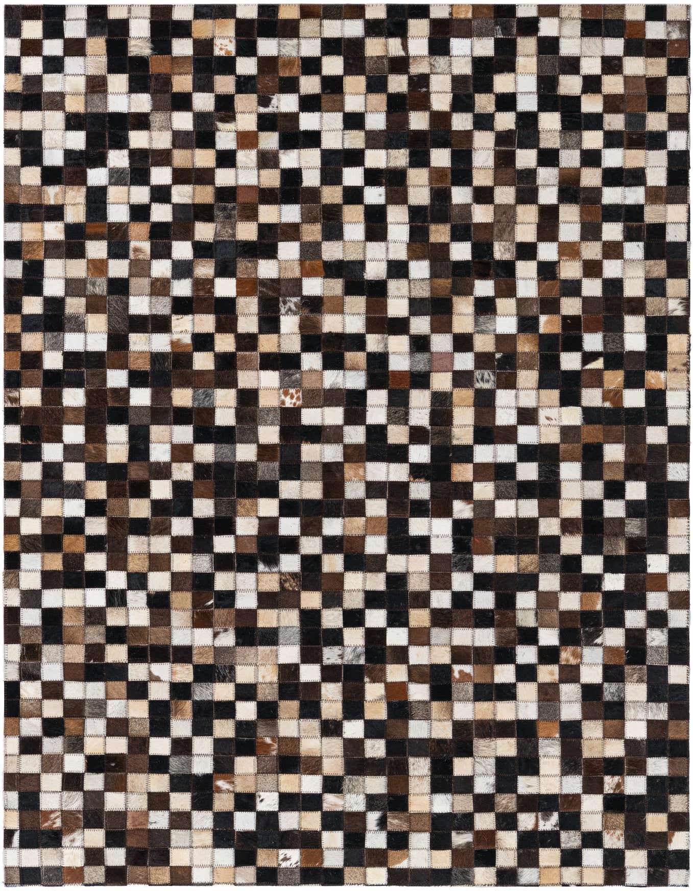 A 4x6 rectangular cowhide and leather rug featuring a modern checkered pattern in multi-colored brown, black, and white squares.