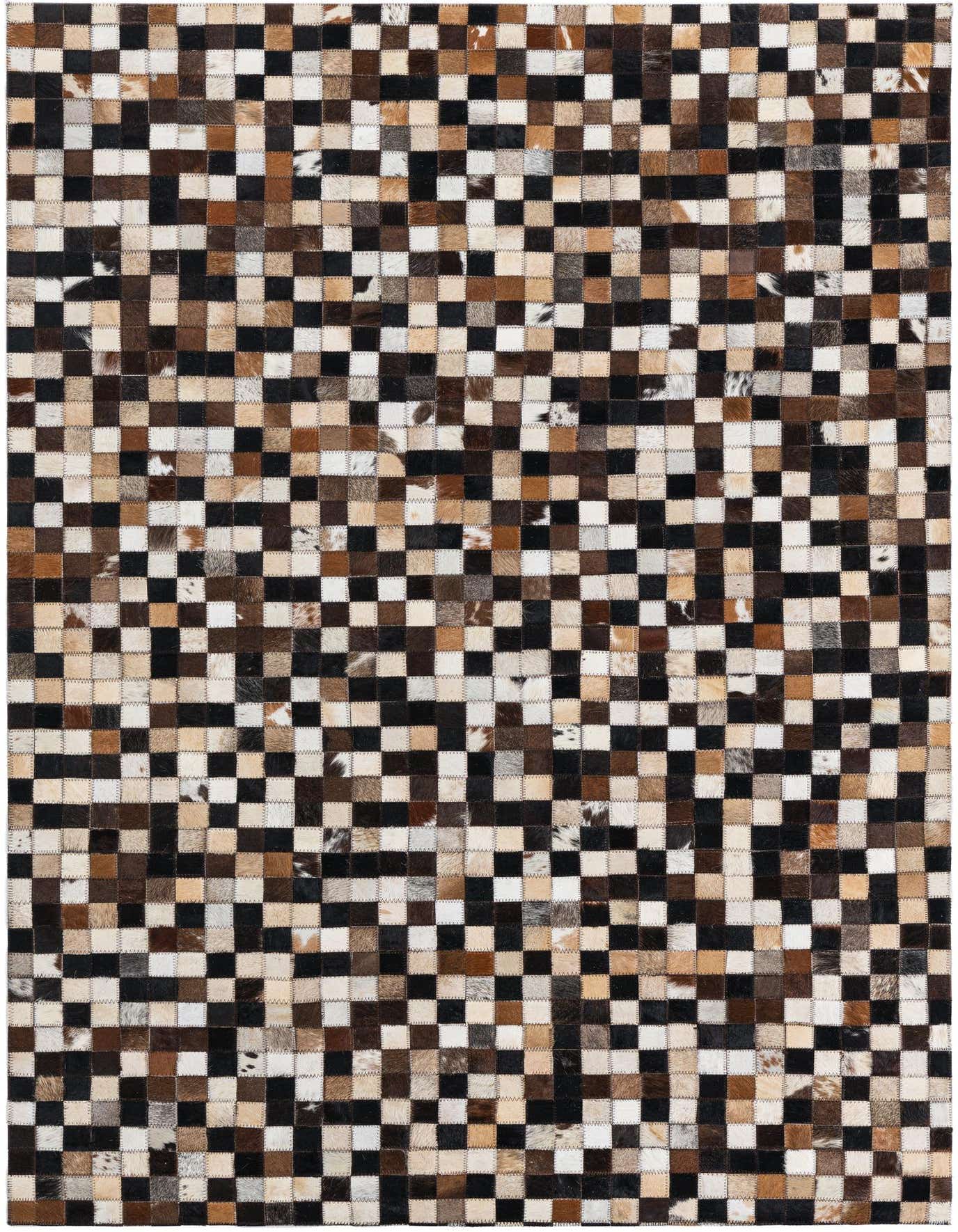 A 4x6 rectangular cowhide rug with a modern, abstract checkerboard pattern in black, brown, and white.