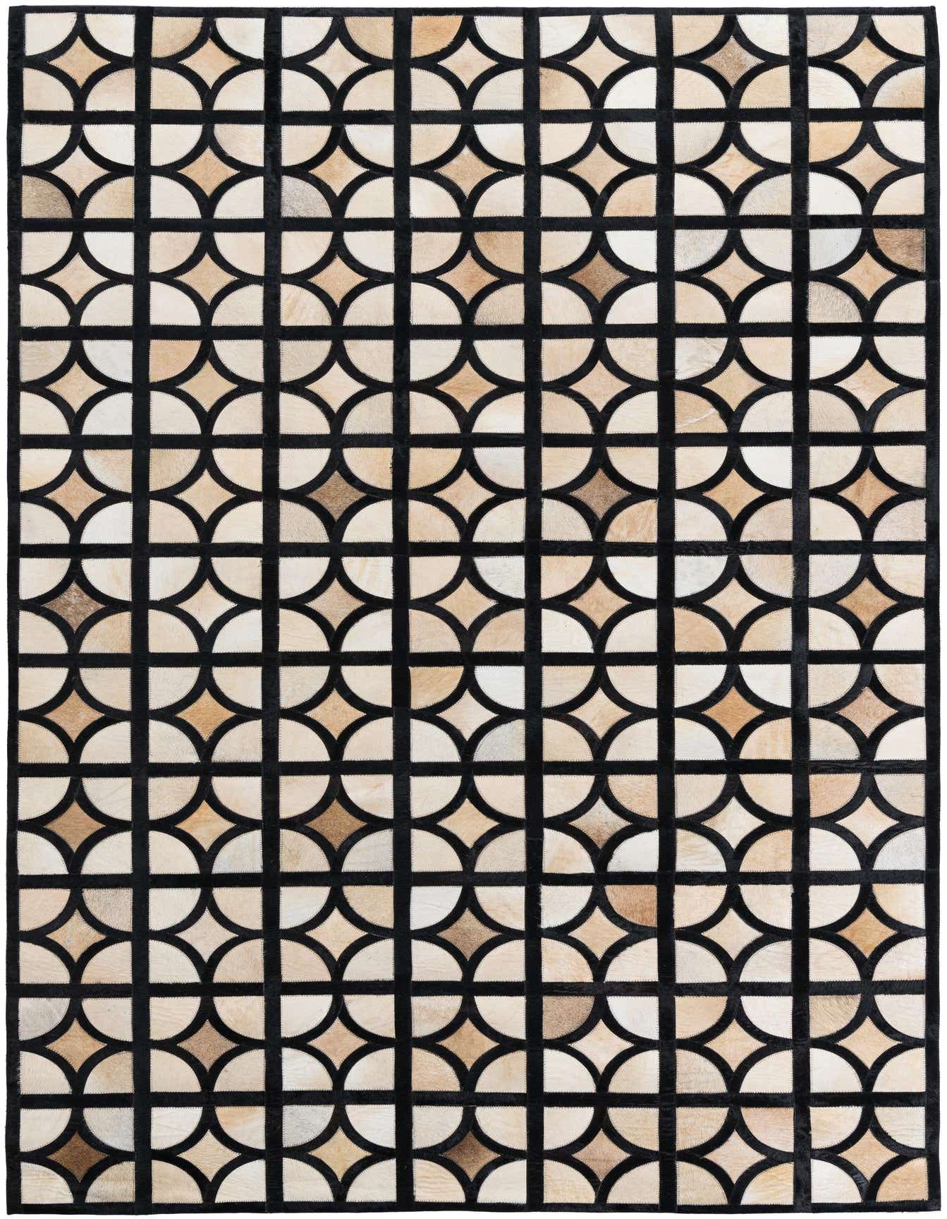 A 5x8 rectangular Cowhide Leather rug featuring a modern abstract pattern of black lines forming squares with light and dark beige semicircles.