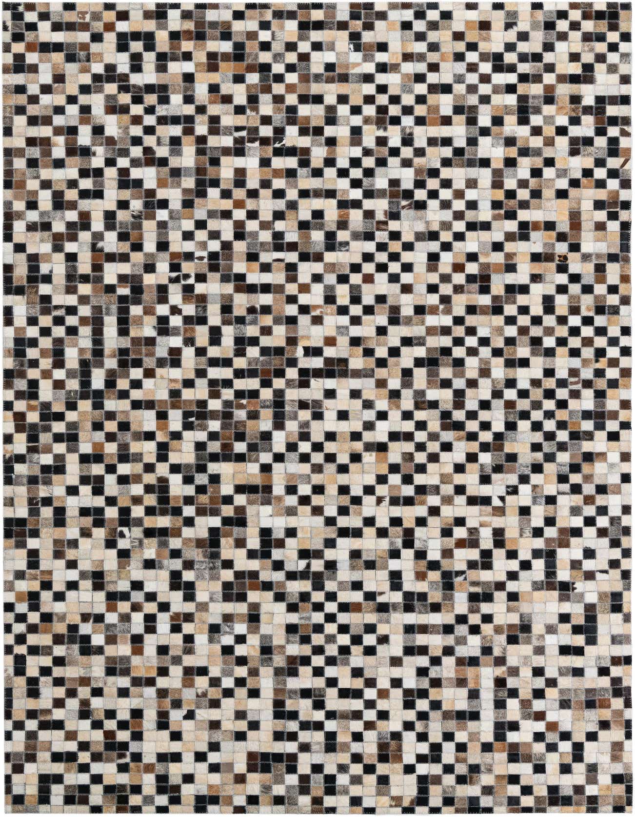 A rectangular 5x8 modern cowhide rug with a multi-colored abstract checkerboard pattern in black, brown, and cream tones.