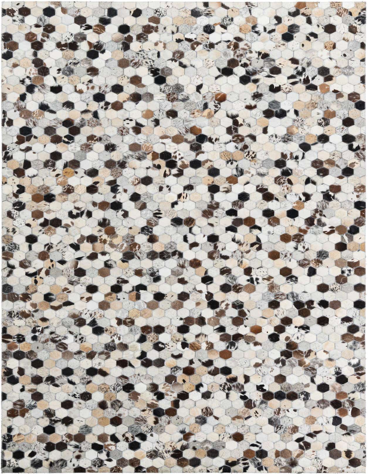 A 5x8 rectangular Cowhide Leather rug featuring a modern, abstract pattern of multi-colored hexagonal patches in varying shades of brown, black, and white.