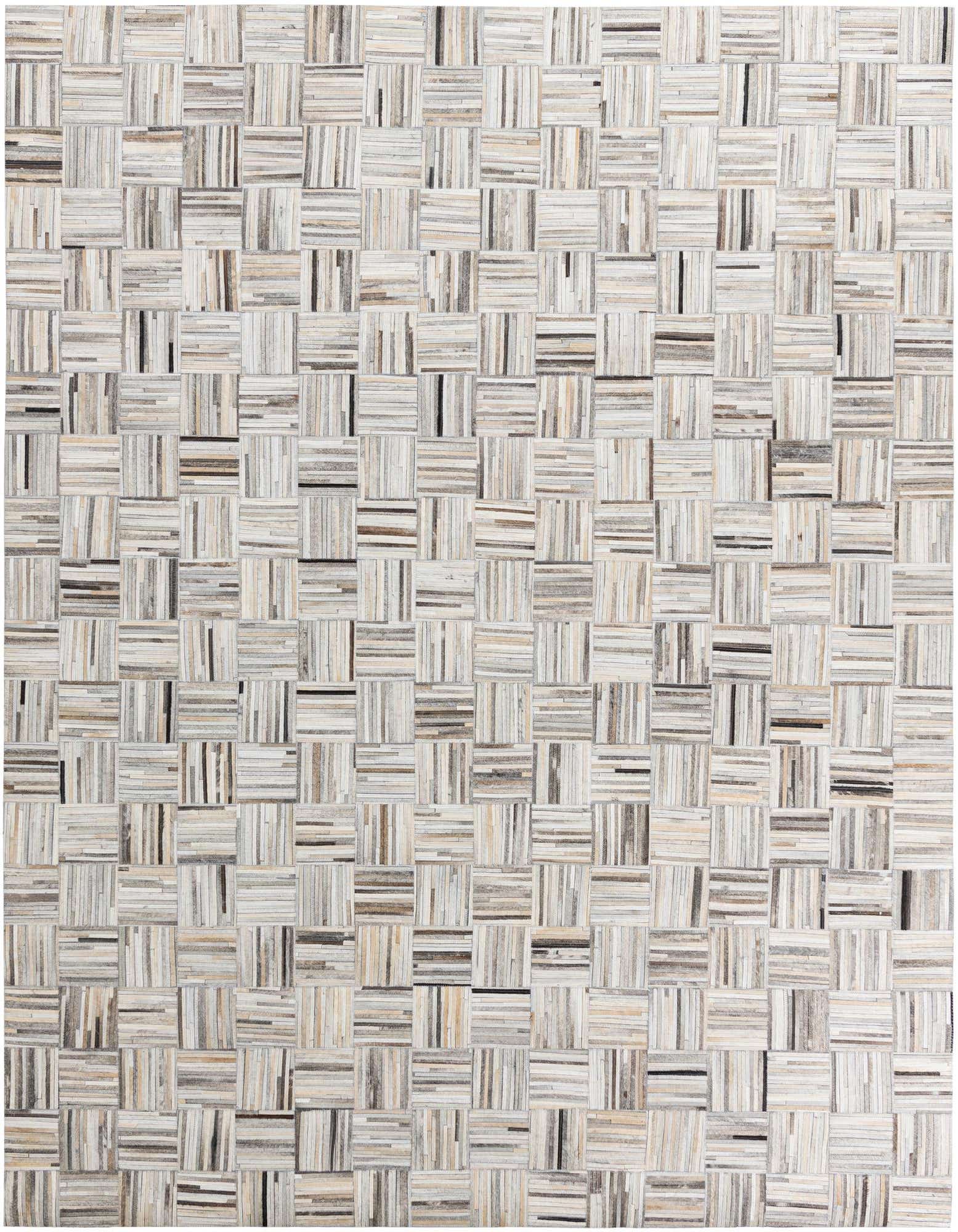 A rectangular 8x10 Cowhide Leather rug featuring a modern, abstract patchwork of multi-colored squares.