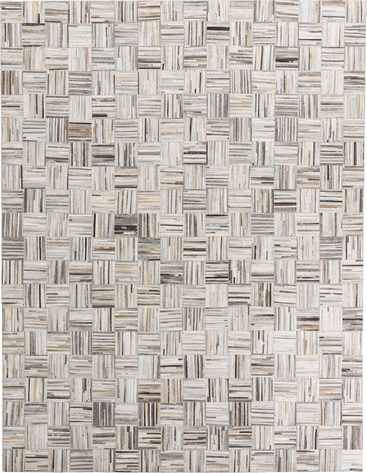 A rectangular 8x10 Cowhide Leather rug featuring a modern, multi-colored striped pattern in varying shades of brown, beige, and white.