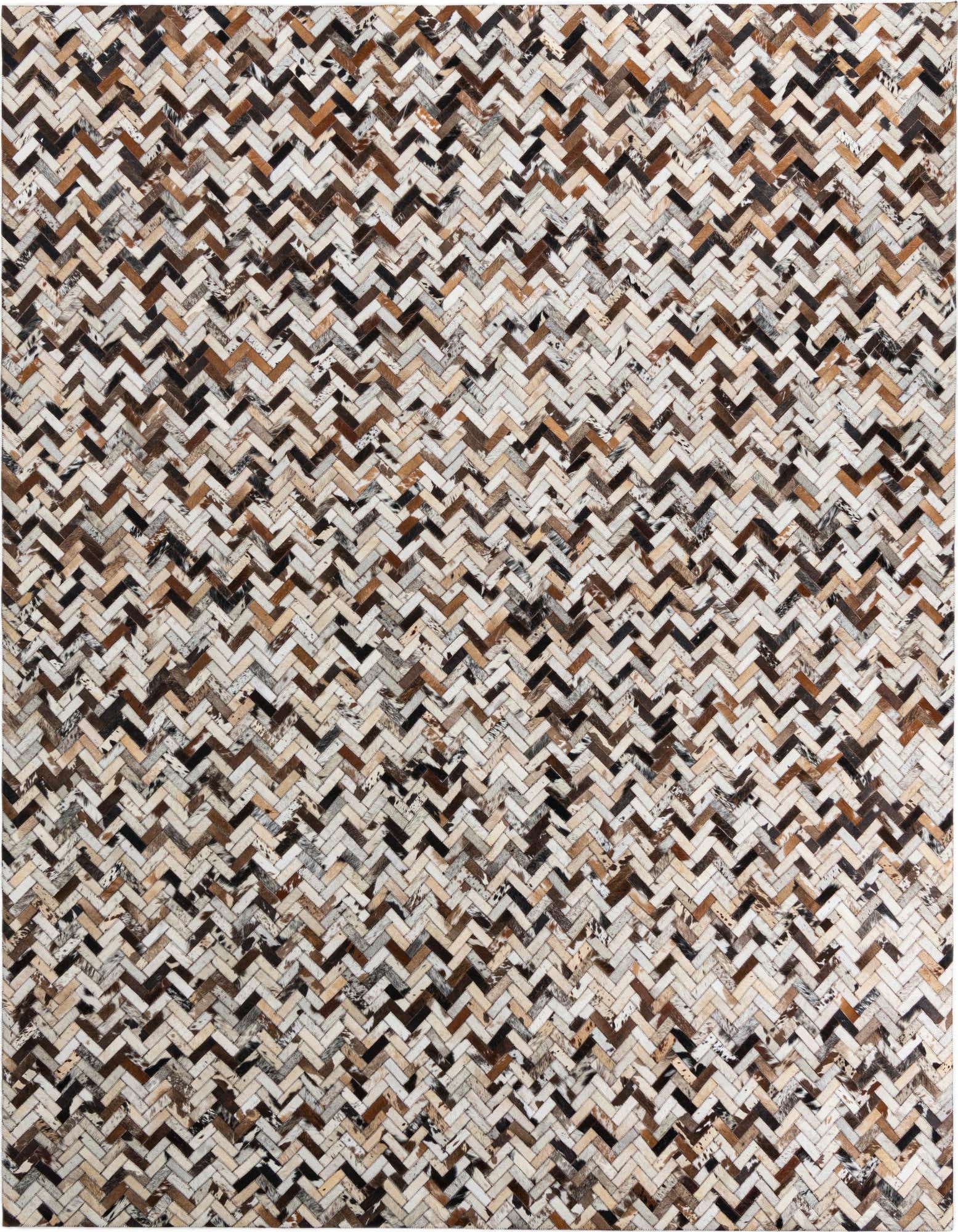 A rectangular 8x10 multi-colored cowhide and leather rug with a modern abstract herringbone pattern, ideal for a living room.