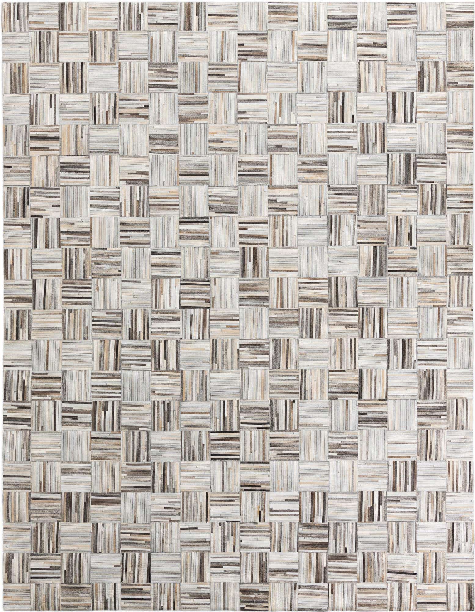 8x10 rectangular Cowhide Leather rug featuring a modern striped pattern in multi-colored natural tones.