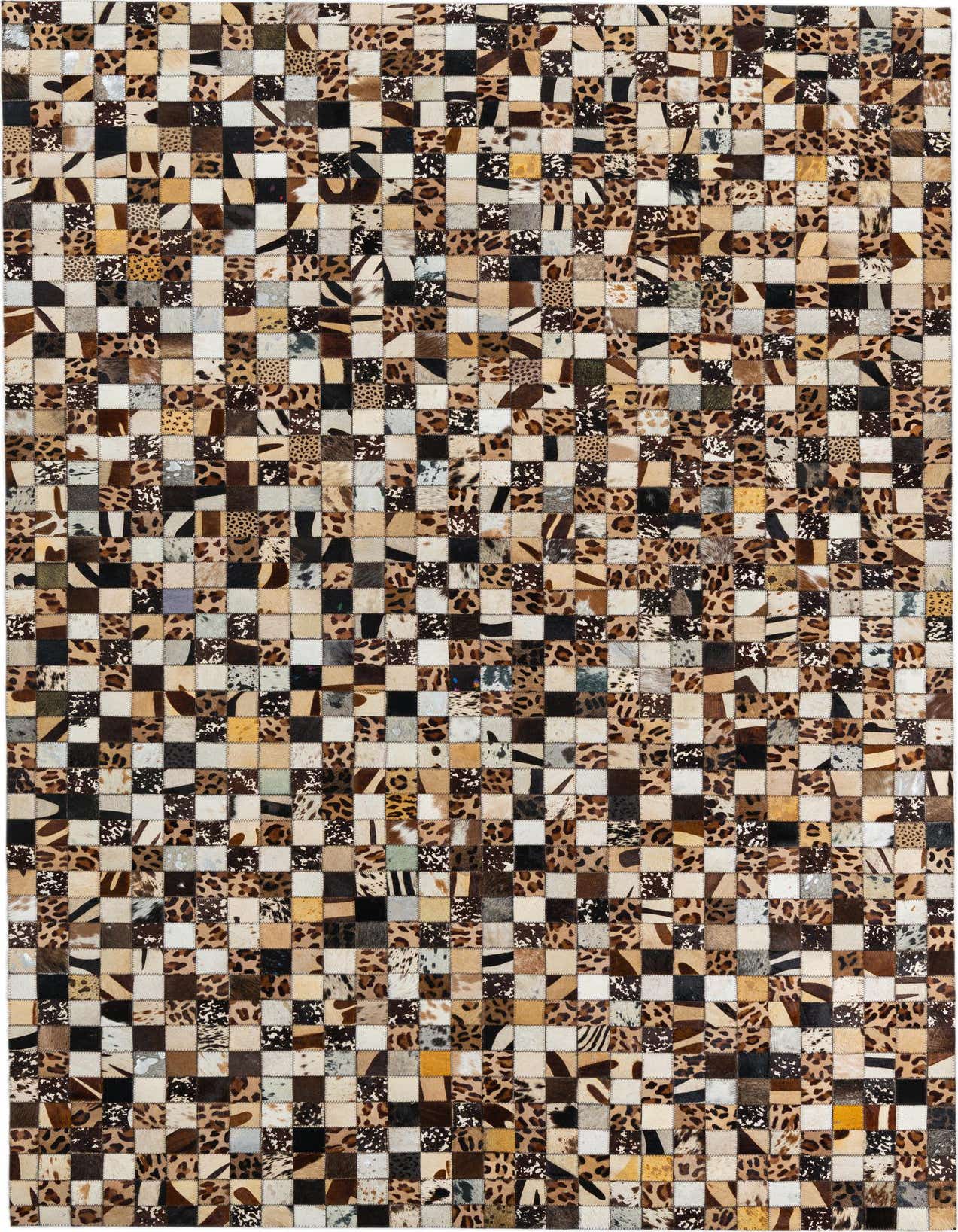 A rectangular 5x8 modern patchwork rug made from multi-colored cowhide and leather squares, featuring various animal prints like leopard and zebra.