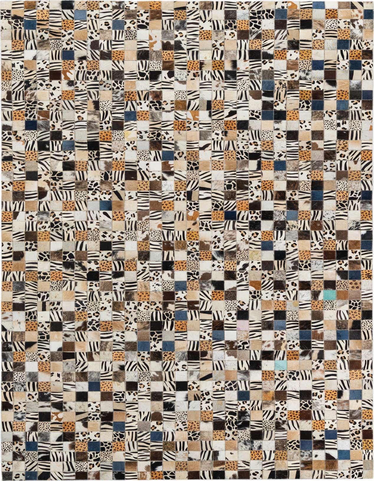 A rectangular 5x8 multi-colored modern cowhide and leather rug featuring a patchwork of animal prints like zebra and leopard.