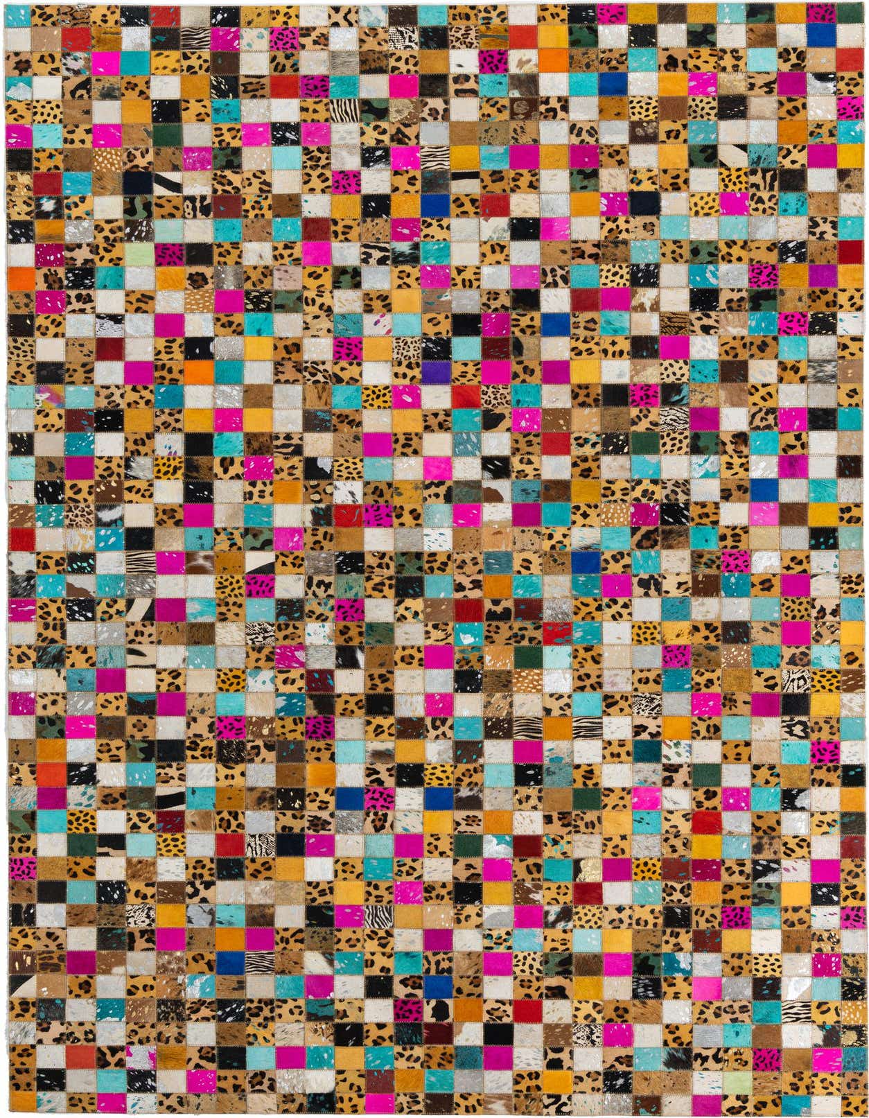 A 5x8 rectangular Cowhide Leather rug featuring a patchwork of multi-colored squares, including leopard print, zebra print, and solid bright pink, blue, and yellow.