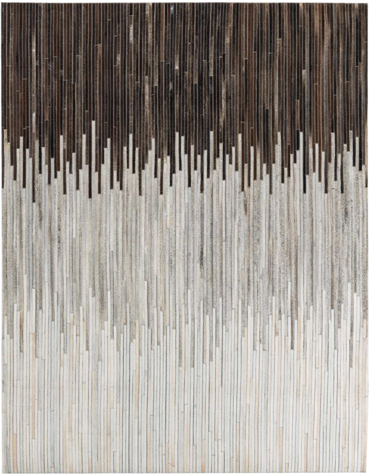 A 5x8 rectangular Cowhide Leather rug featuring a modern stripe pattern with a gradient from dark brown to light gray and white.