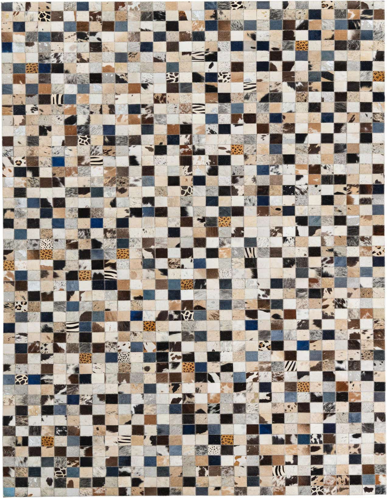 A 5x8 rectangular, multi-colored cowhide and leather rug with a modern, abstract patchwork design.