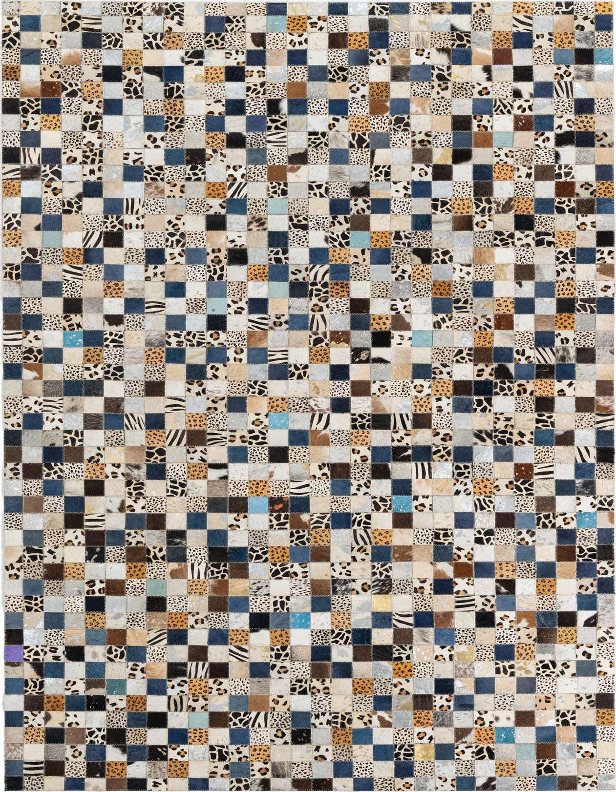 A 5x8 rectangular multi-colored cowhide and leather rug with a modern, abstract patchwork pattern, ideal for a living room.