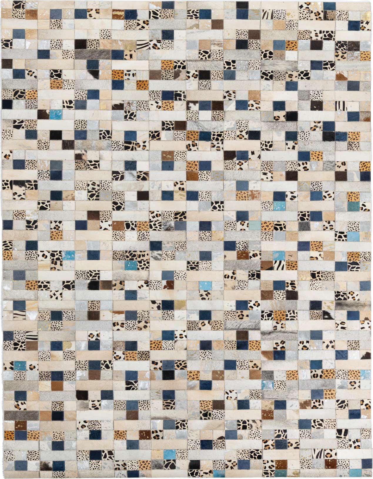 A rectangular 5x8 multi-colored modern patchwork rug made from cowhide and leather, featuring various animal prints and solid squares.