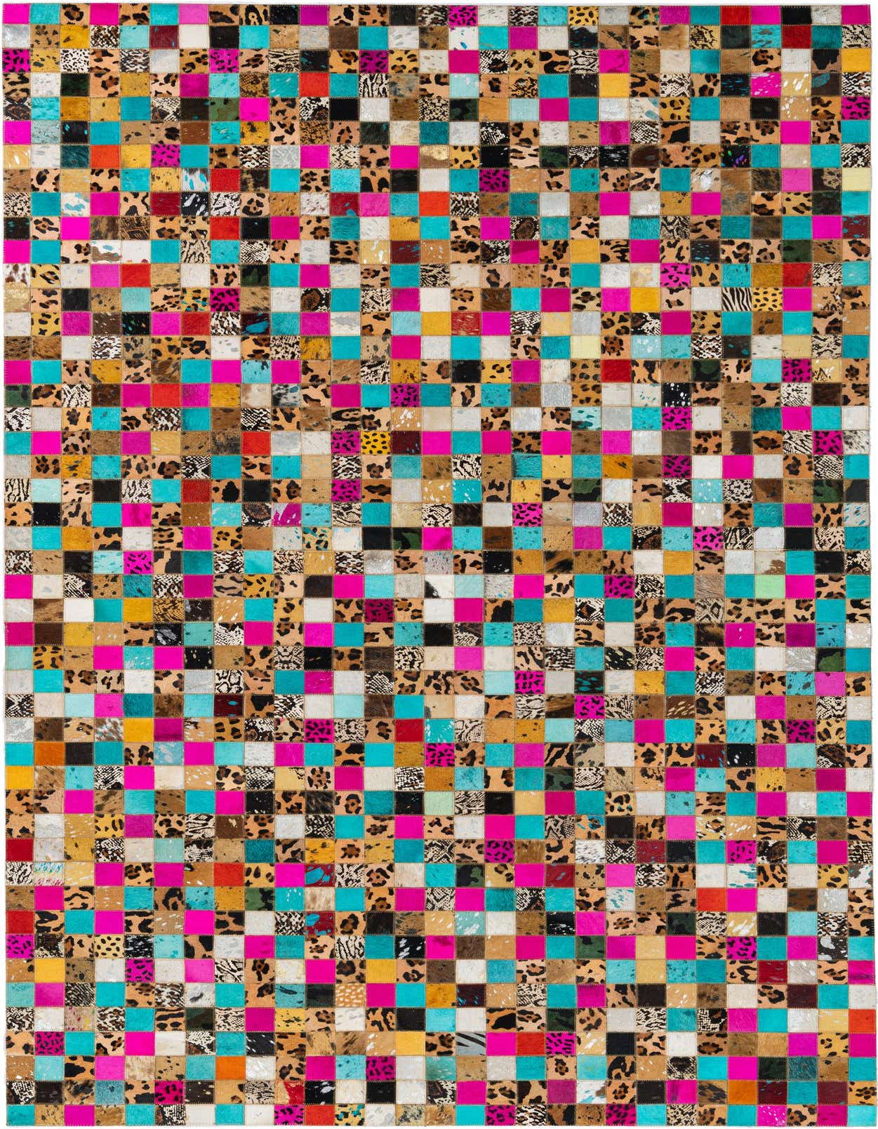 A vibrant 5x8 rectangular rug featuring a modern patchwork of multi-colored cowhide and leather squares, including animal print and solid bright hues.