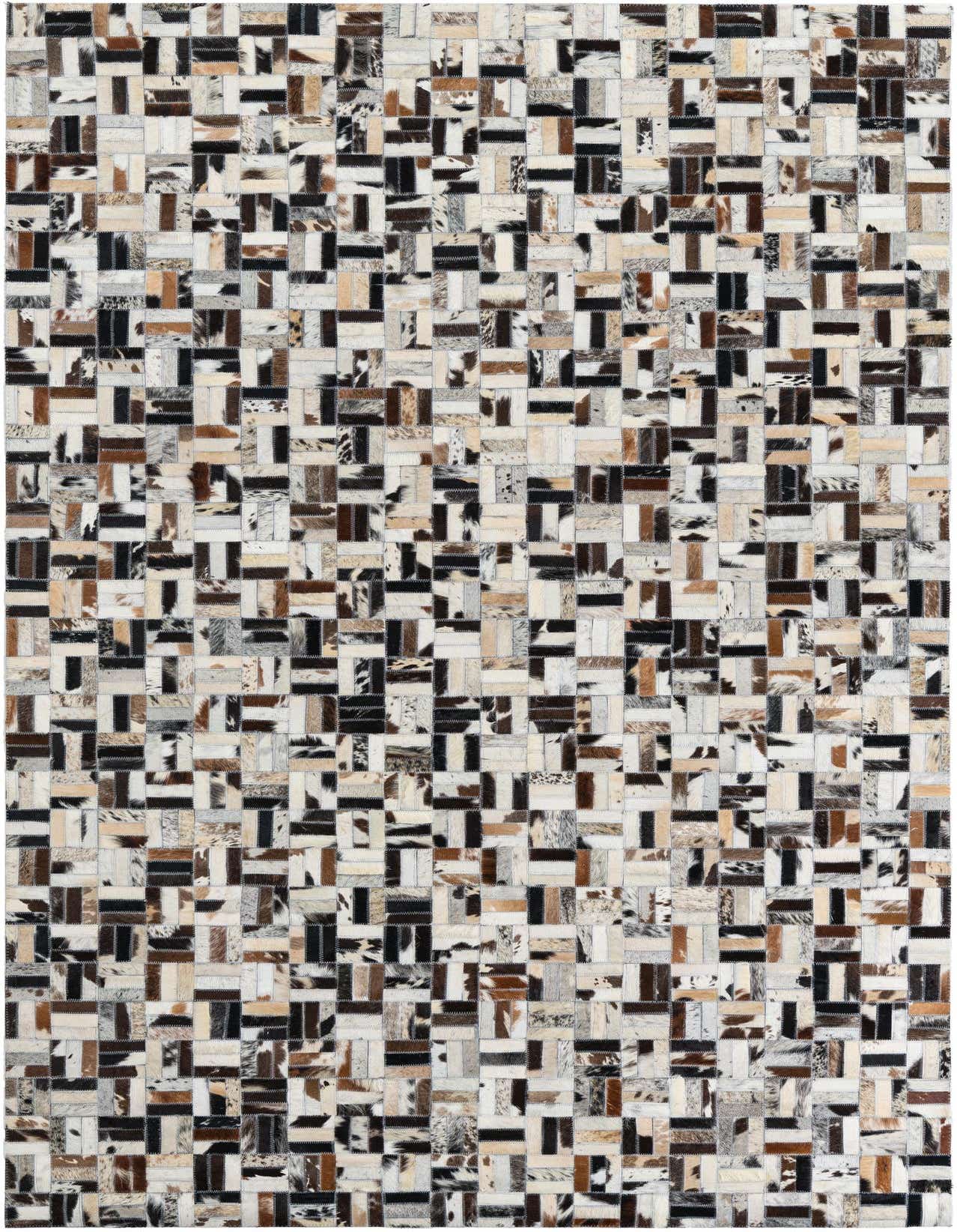 A 5x8 rectangular Cowhide Leather rug featuring a modern, multi-colored striped patchwork design in shades of brown, black, and white.