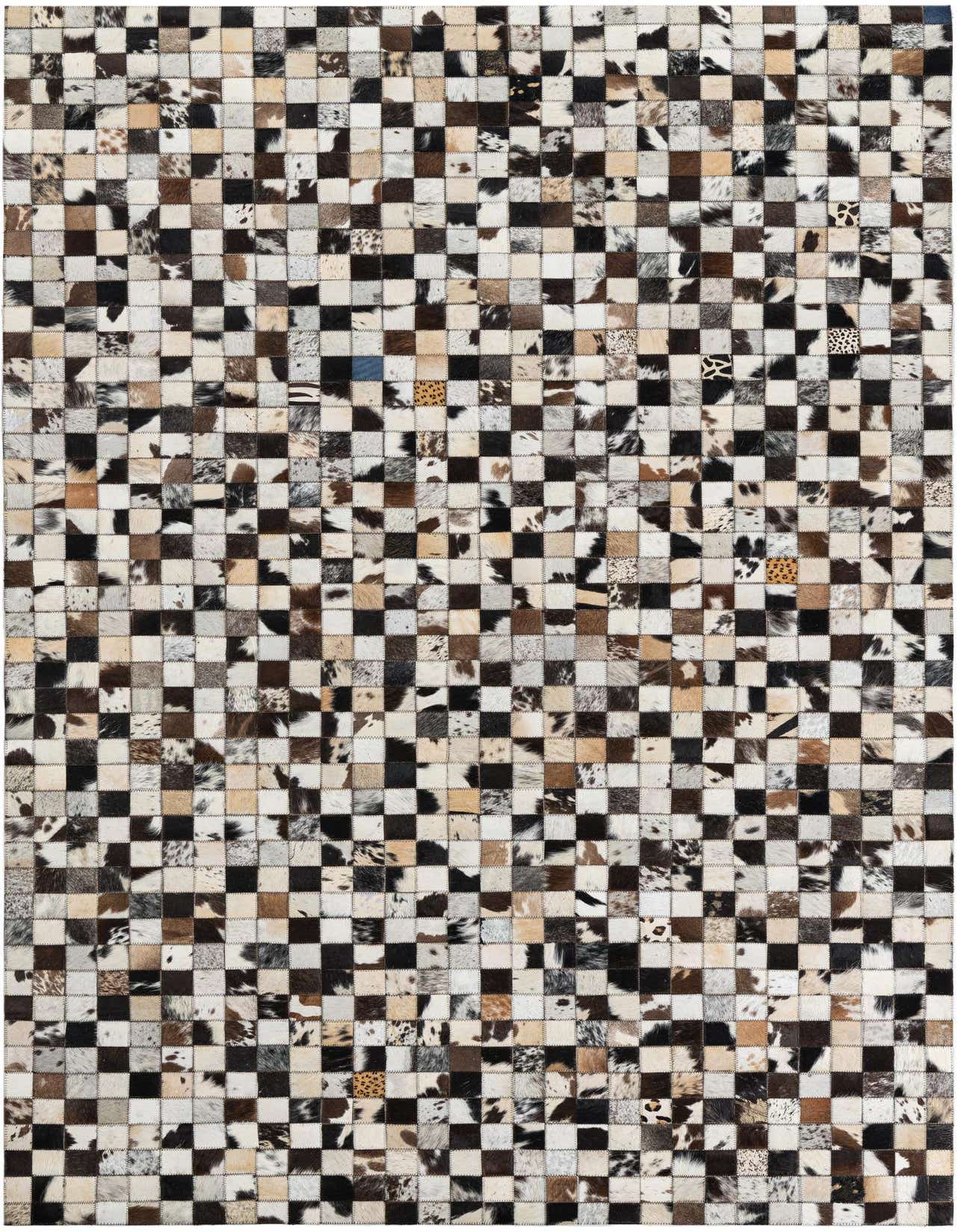 A 5x8 rectangular Cowhide & Leather rug featuring a modern patchwork design in multi-colored squares, ideal for a living room.