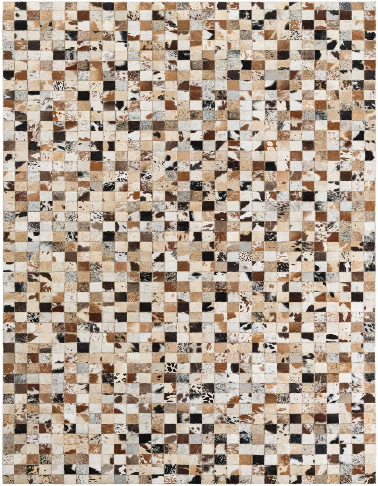 A 5x8 rectangular Cowhide Leather rug featuring a modern patchwork of multi-colored natural cowhide squares in shades of brown, black, and white.