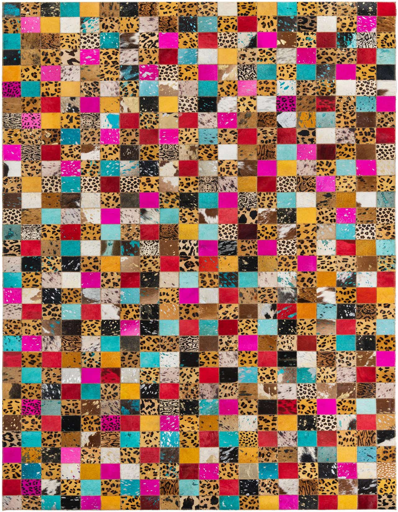 A vibrant 5x8 rectangular rug featuring a patchwork of multi-colored cowhide and animal print squares, ideal for a living room.