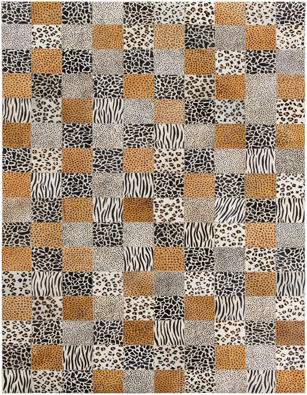 A rectangular 5x8 multi-colored modern patchwork cowhide rug, featuring squares of various animal prints like leopard, zebra, and giraffe.