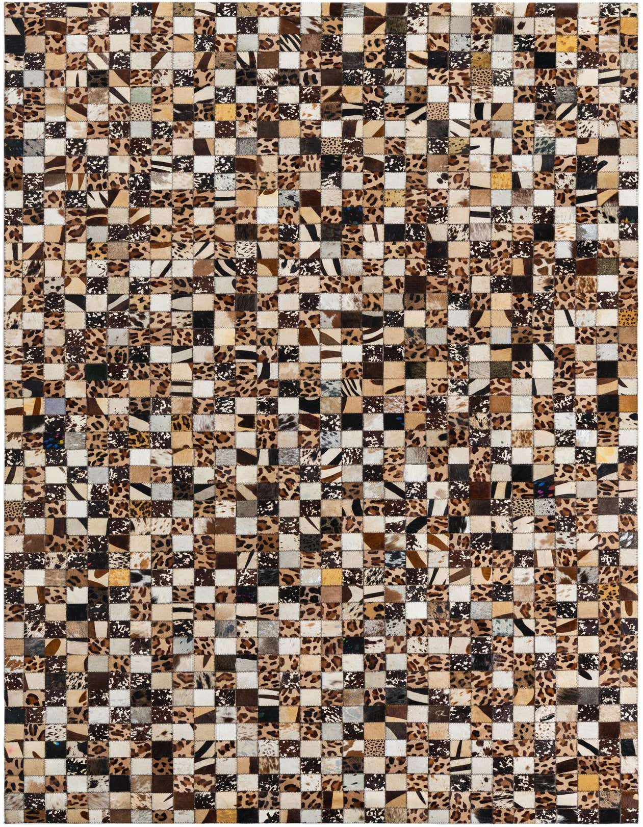 A 5x8 rectangular, multi-colored modern rug featuring a patchwork of cowhide and leather squares with various animal prints.