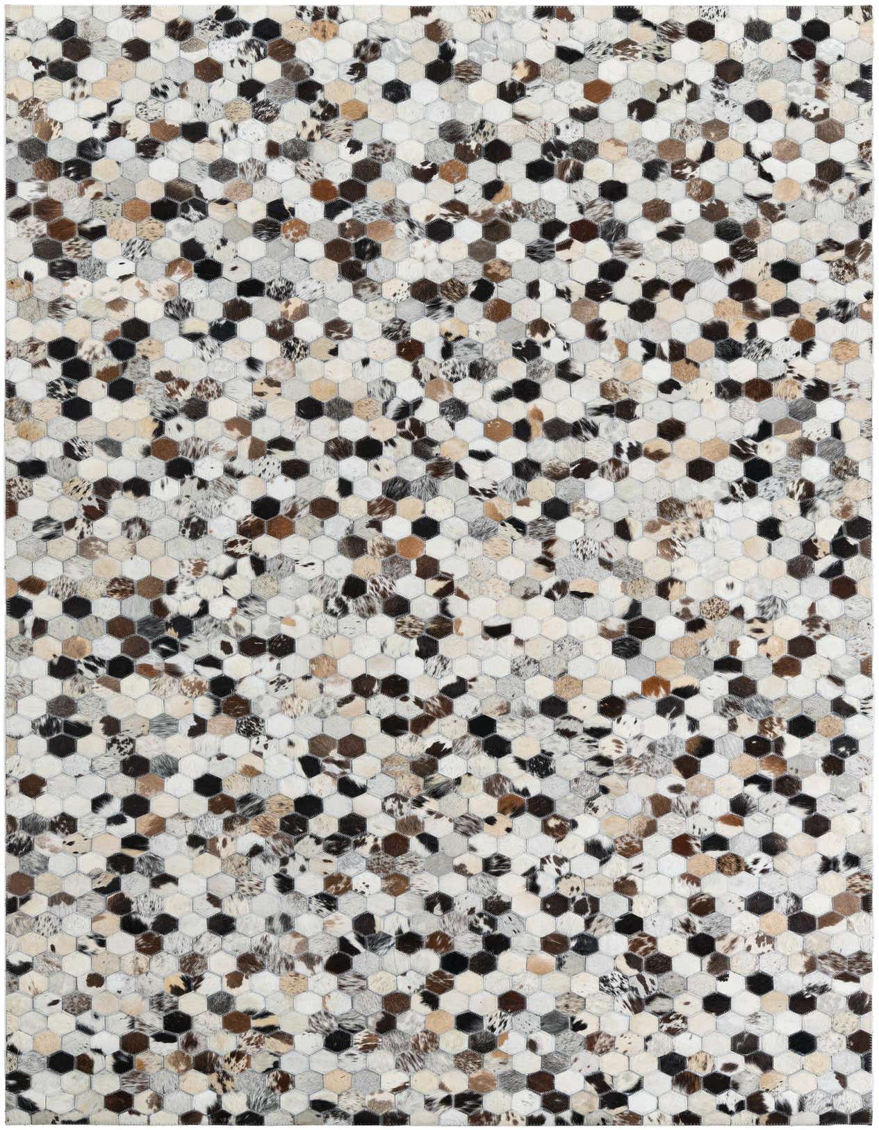 A 5x8 rectangular Cowhide Leather rug featuring a modern, abstract pattern of multi-colored hexagonal patches.