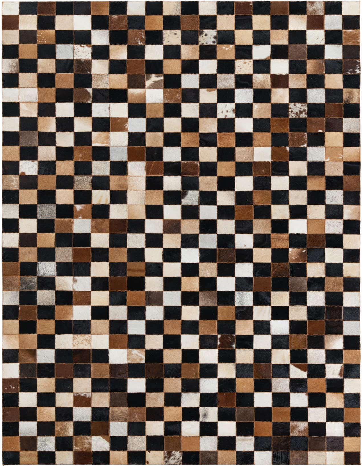 A 5x8 rectangular Cowhide Leather rug featuring a modern checkerboard pattern in varied shades of black, brown, and white.