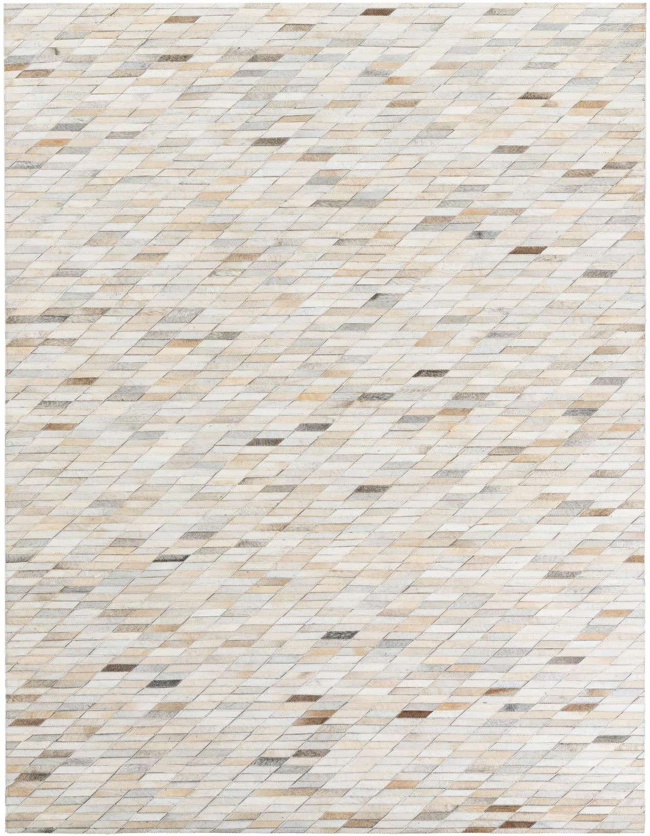 A 5x8 rectangular Cowhide Leather rug featuring a modern stripe pattern in multi-colored natural tones.