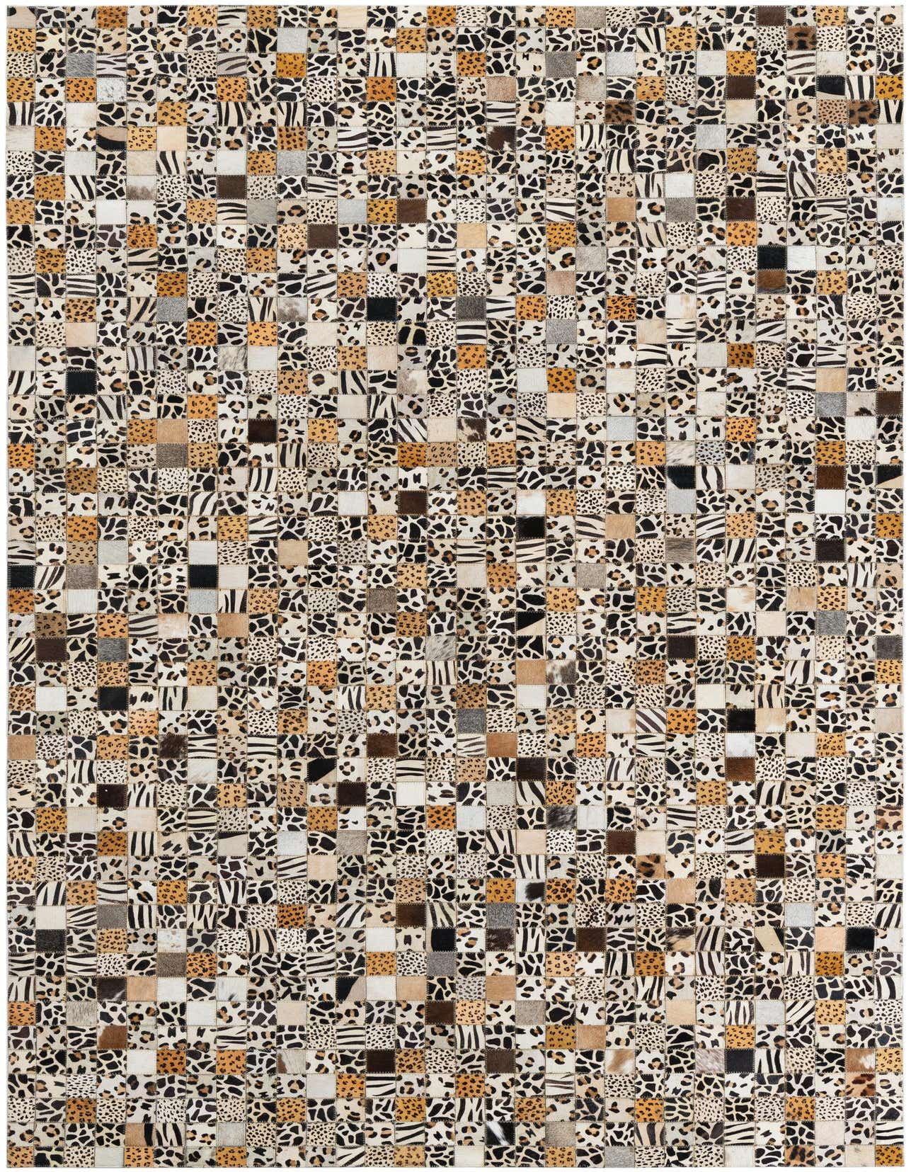 A 5x8 rectangular Cowhide Leather rug featuring a modern patchwork of multi-colored animal prints like leopard, cheetah, and zebra.