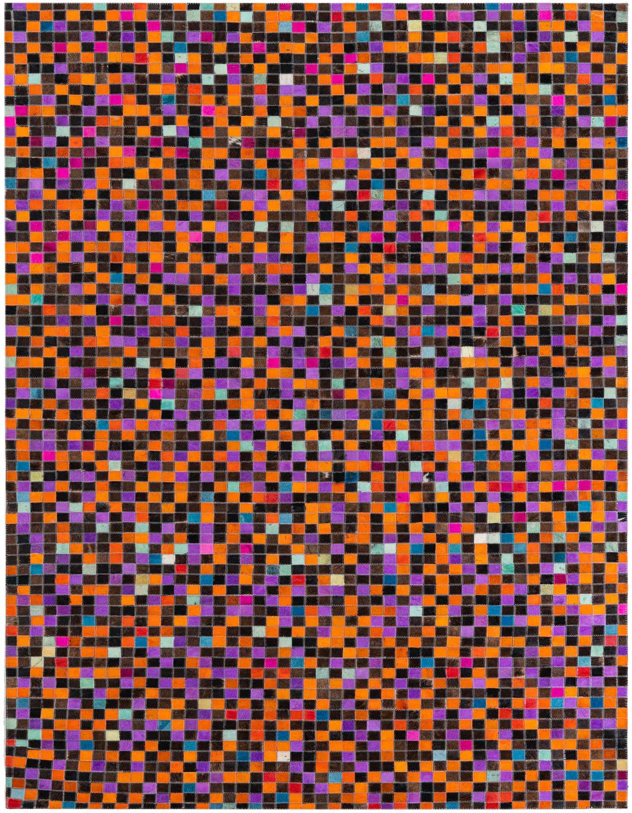 A rectangular 5x8 modern rug with a pixelated pattern of multi-colored cowhide and leather squares in orange, purple, black, and blue.