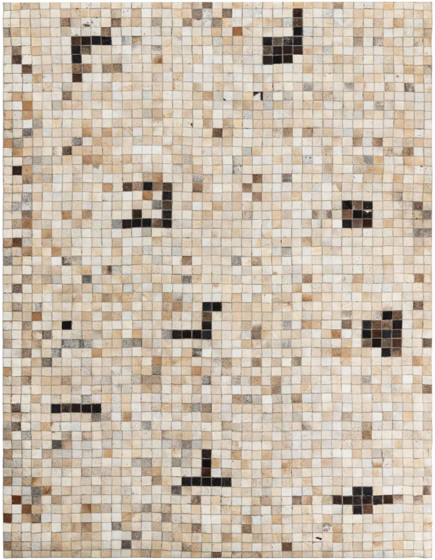 A 5x8 rectangular, flat-pile, multi-colored modern rug made from cowhide and leather, featuring a mosaic of natural light and dark brown squares.