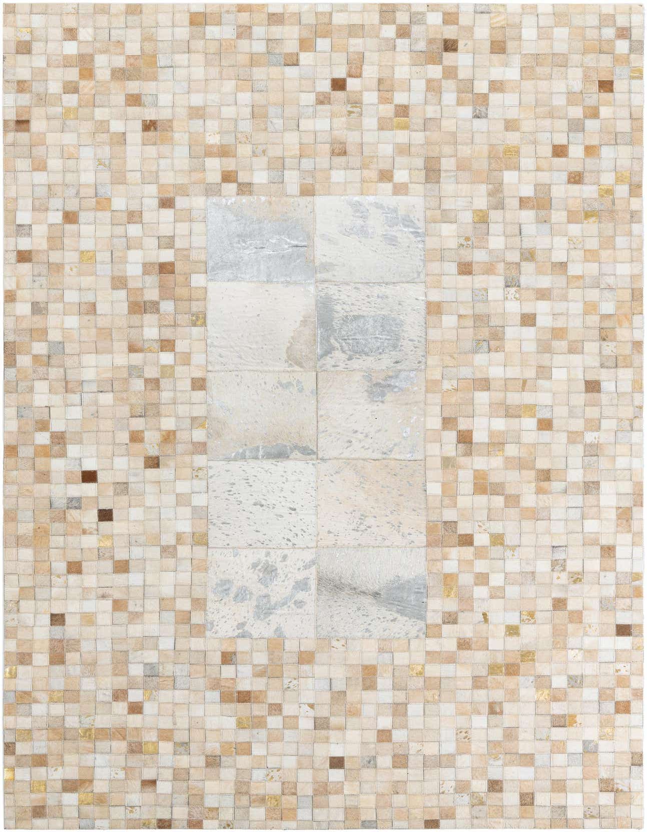 A 5x8 rectangular Cowhide Leather rug featuring a modern patchwork design in multi-colored natural tones.