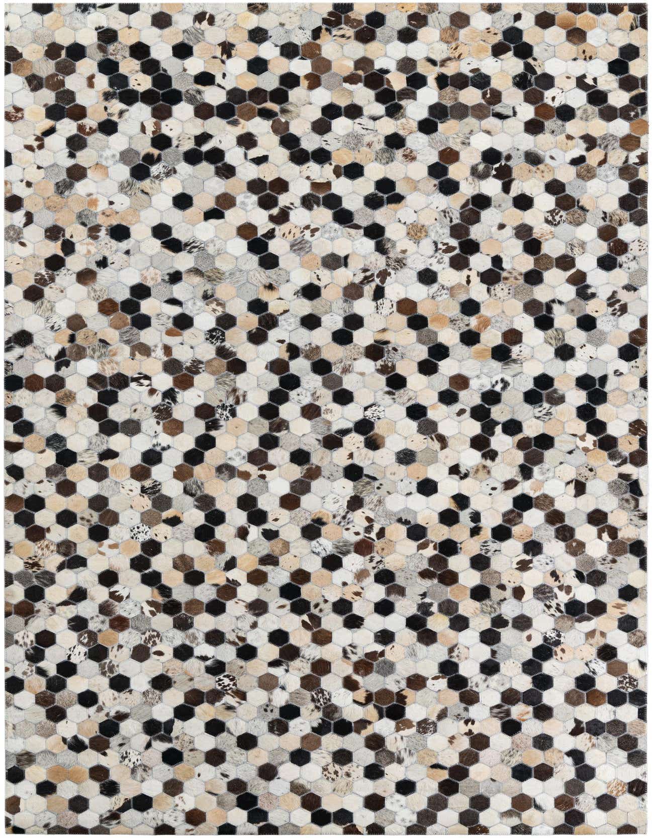 A 5x8 rectangular Cowhide Leather rug featuring a modern multi-colored hexagonal pattern in natural brown, black, and white tones.