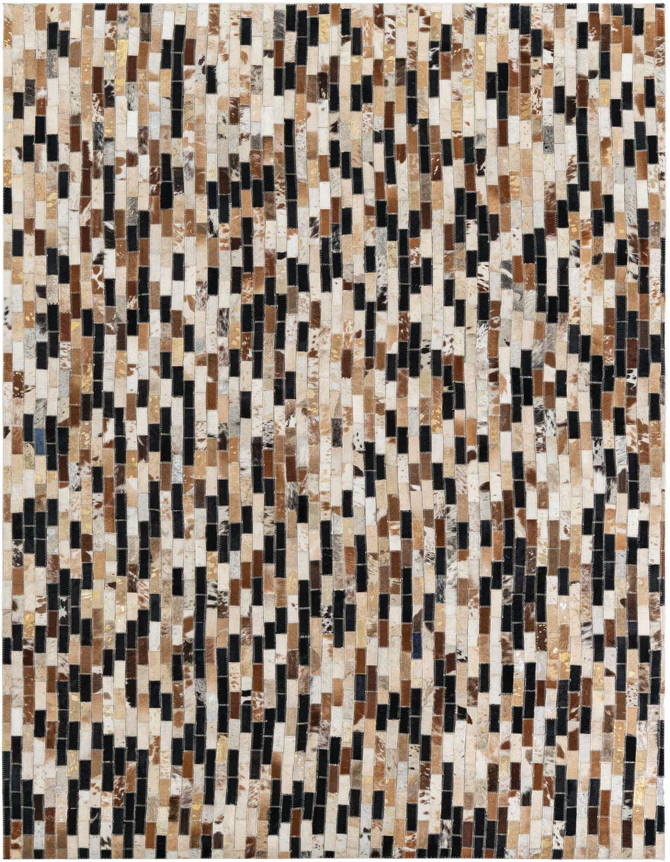 A 5x8 rectangular Cowhide Leather rug featuring a modern stripe pattern in multi-colored natural tones.