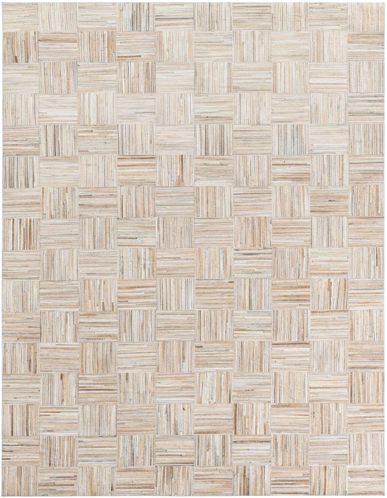A 5x8 rectangular Cowhide Leather rug featuring a modern, multi-colored striped pattern in a flat weave.
