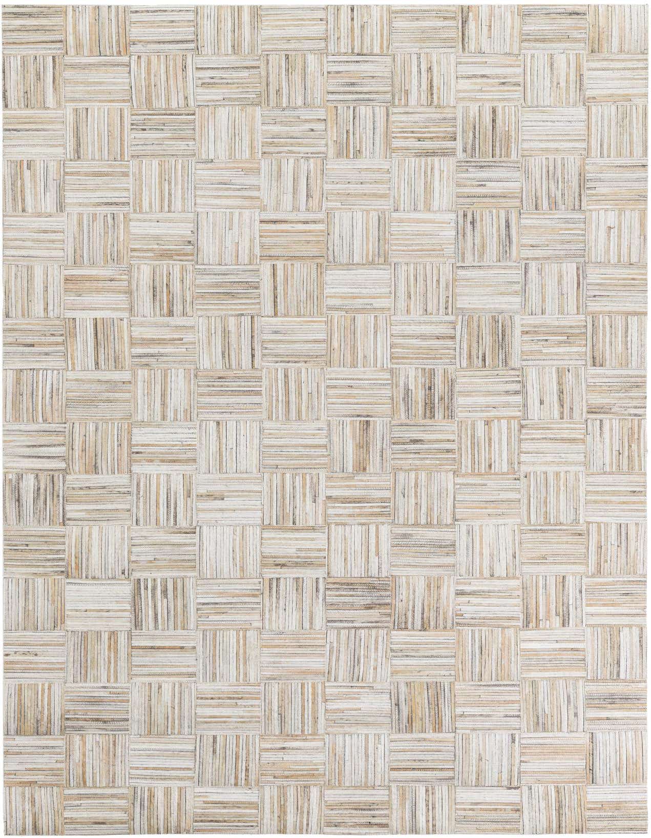 A 5x8 rectangular Cowhide Leather rug featuring a modern multi-colored checkerboard pattern with natural hide strips.