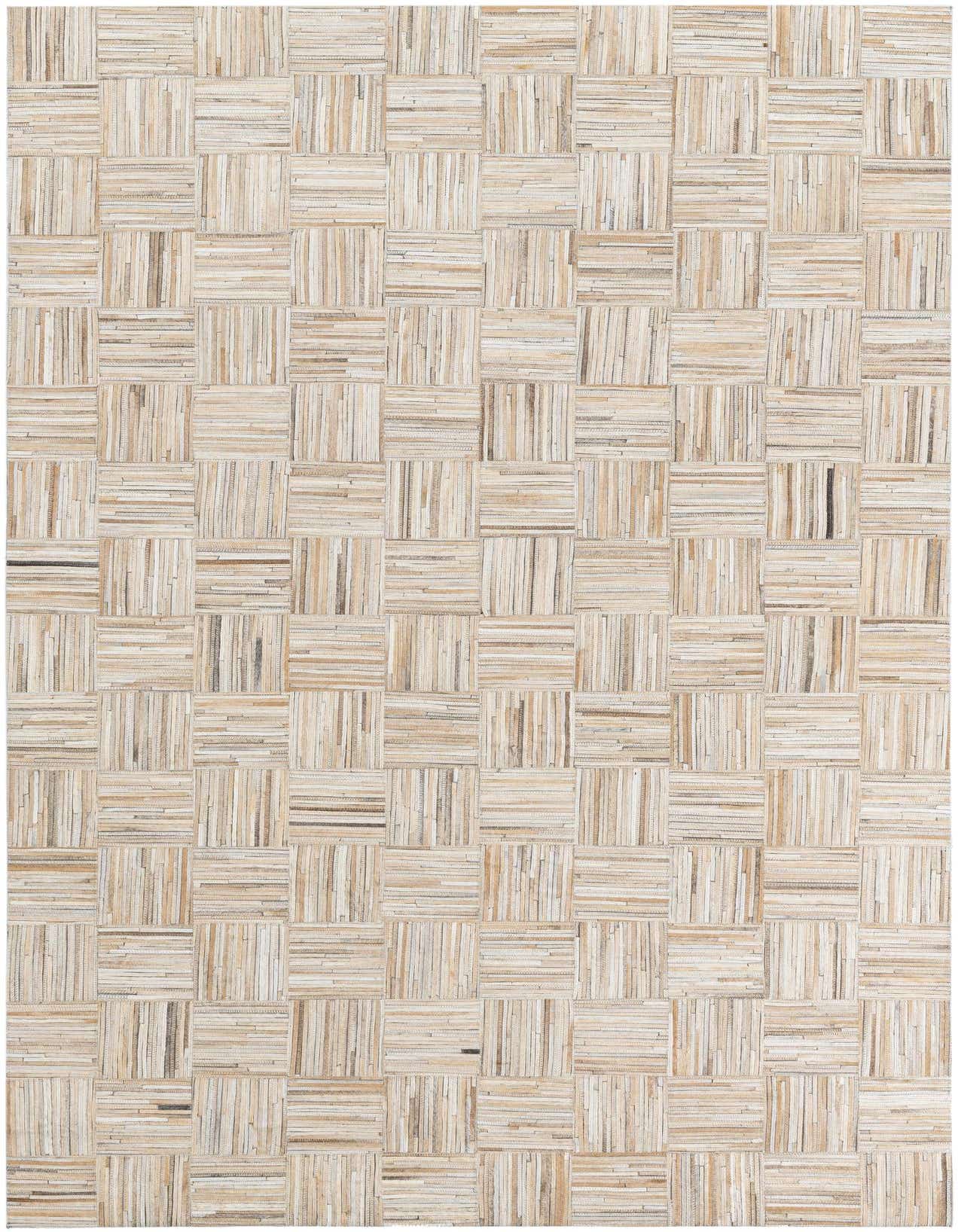 A 5x8 rectangular Cowhide Leather rug featuring a modern, multi-colored striped pattern in a flat pile.