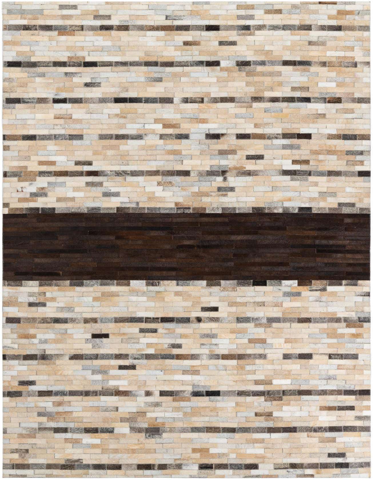 A 5x8 rectangular Cowhide Leather rug featuring a modern stripe pattern in multi-colored natural tones with a dark brown central stripe.