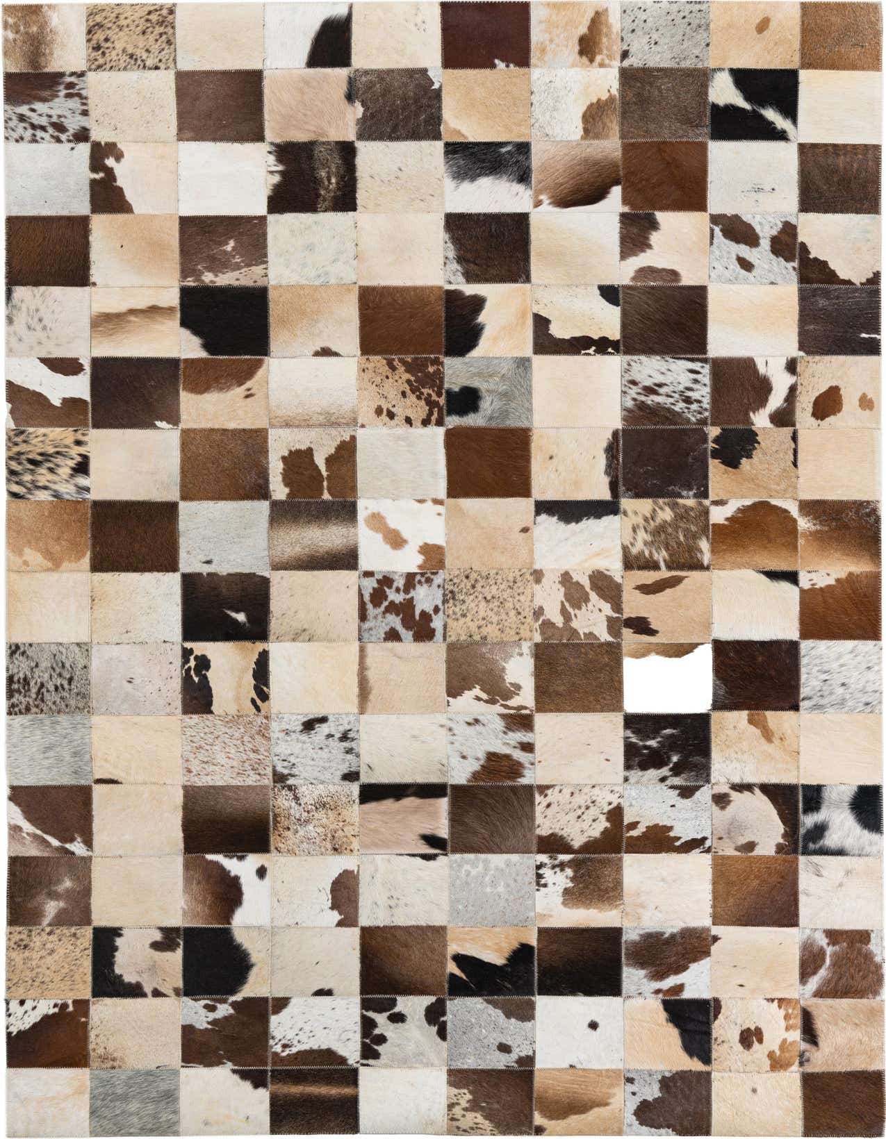 A 5x8 rectangular Cowhide Leather rug featuring a modern patchwork of multi-colored cowhide squares in various shades of brown, black, and white.
